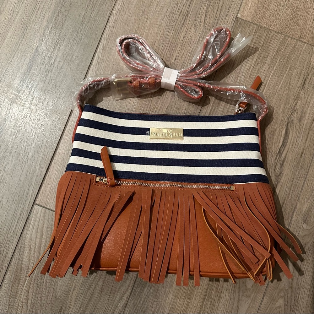 Blue and Brown Crossbody Bag with Nautical Fringe